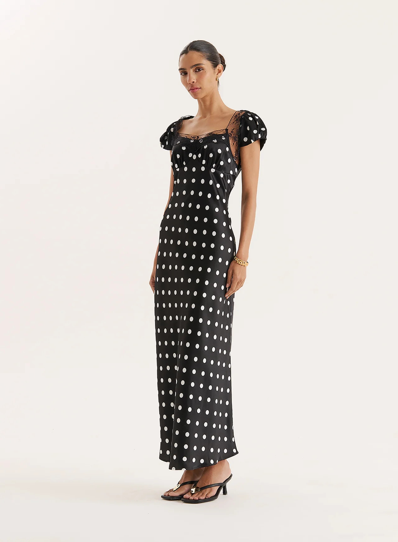 Women's Black Polka Dot Print Satin Slip Maxi Dress | Sana | 4th & Reckless | 4th & Reckless