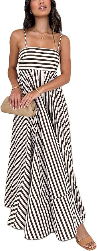 Women Summer Striped Maxi Dress Sleeveless Cutout Backless Long Flowy Dress Spaghetti Strap Boho ... | Amazon (US)