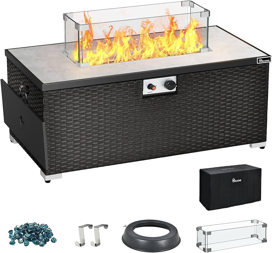 YITAHOME 43 Inch Propane Fire Pit Table and Resin Wicker Base 50,000 BTU Gas Fire Pit with Cerami... | Amazon (US)