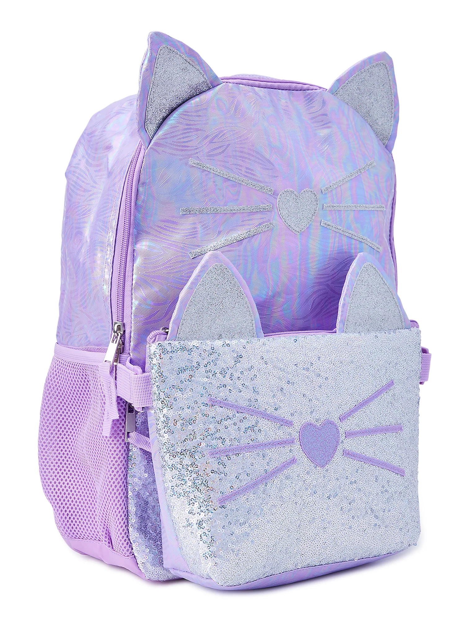 Wonder Nation Girls 17" Laptop Backpack with Lunch Bag 2-Piece Set, Purple Kitty | Walmart (US)