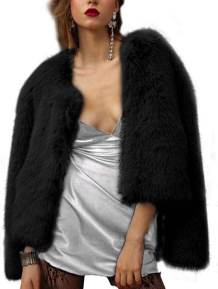 Shiyifa Women's Faux Fur Coat Long Sleeve Fleece Cropped Jacket Open Front Shaggy Warm Short Fall... | Amazon (US)