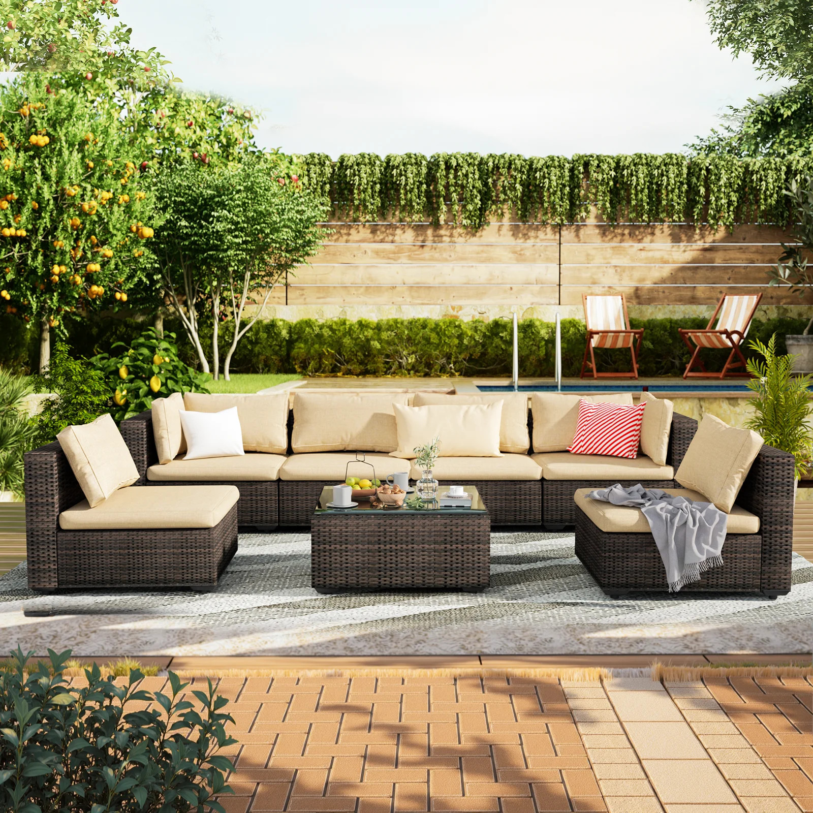 Grezone 7 Patio Outdoor Furniture Wicker Sectional Sofa Couch Lawn Sectional, Beige | Walmart (US)