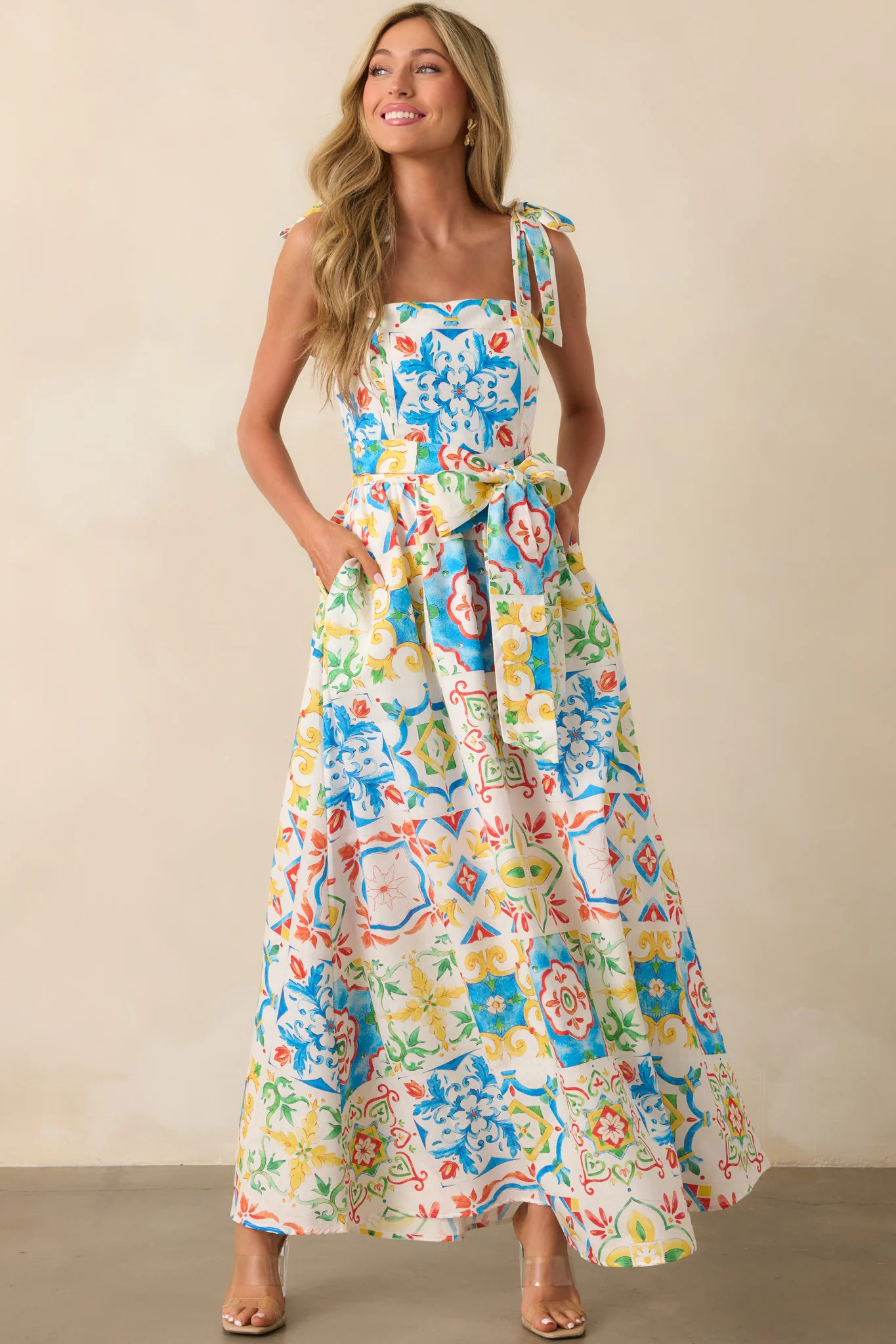 Prosperina Giovanna Blue Multi Sicilian Tile Print Linen Maxi Dress | Red Dress