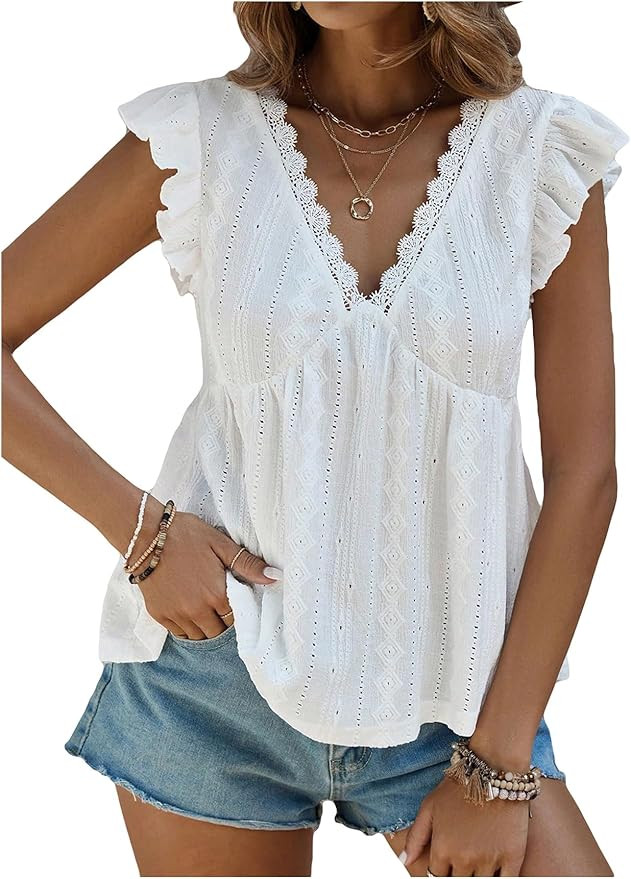 SweatyRocks Women's Lace Trimmed V Neck Ruffled Sleeve Flared Eyelet Tank Blouse Top | Amazon (US)