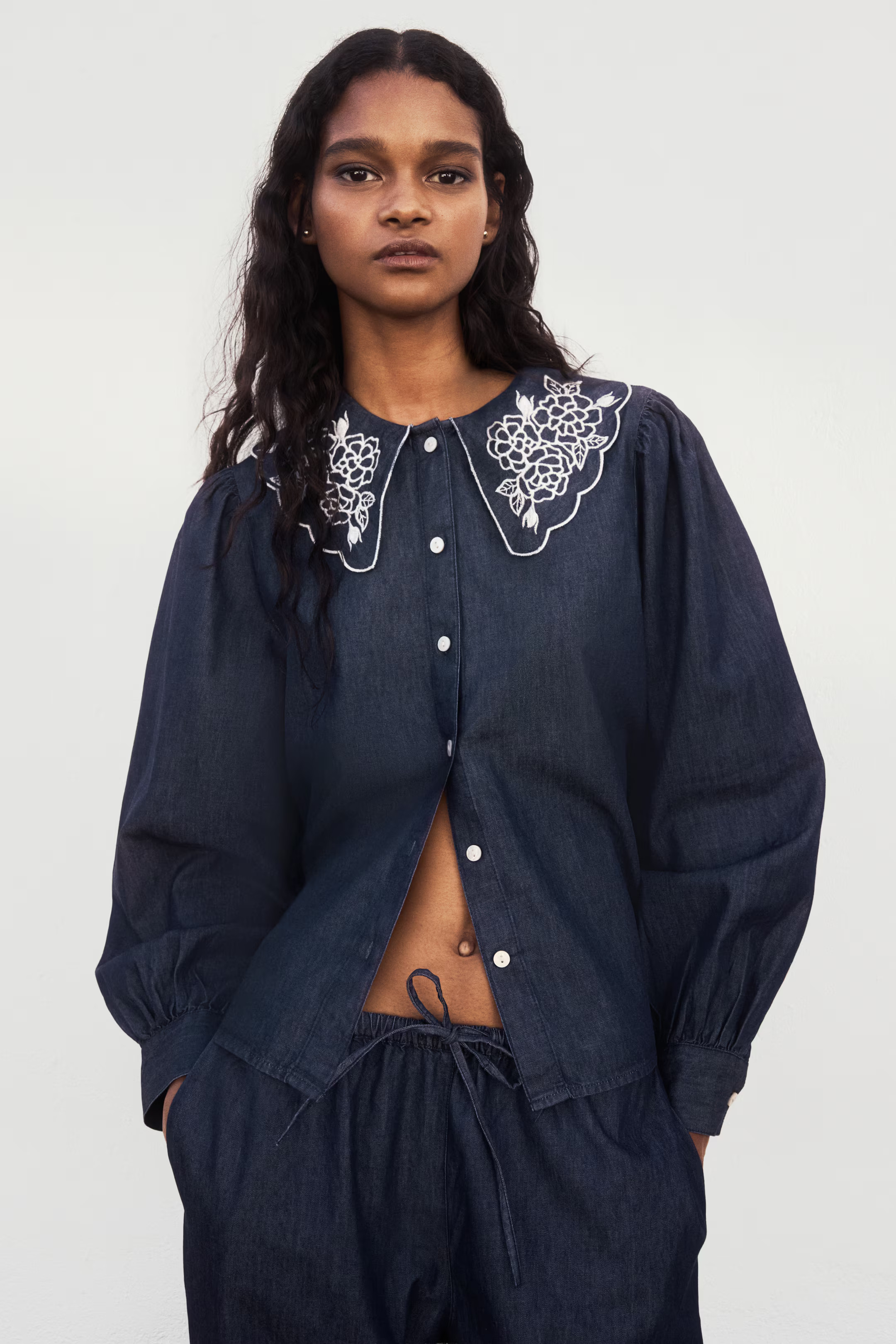Embroidered-Collar Denim Blouse | H&M (US, CA, MX)