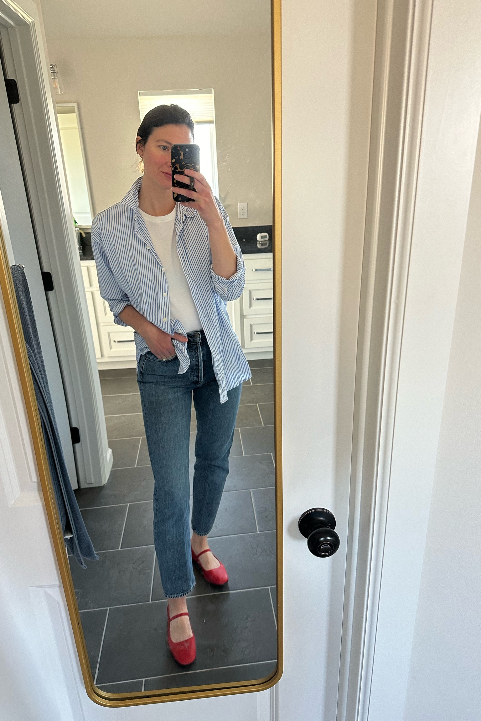 Loving the red ballet flats for spring. It’s such a nice pop of color! 
Small in button down shirt and 27 in jeans  
Merit lip in the color maraschino

#LTKfindsunder100 #LTKxTarget #LTKshoecrush