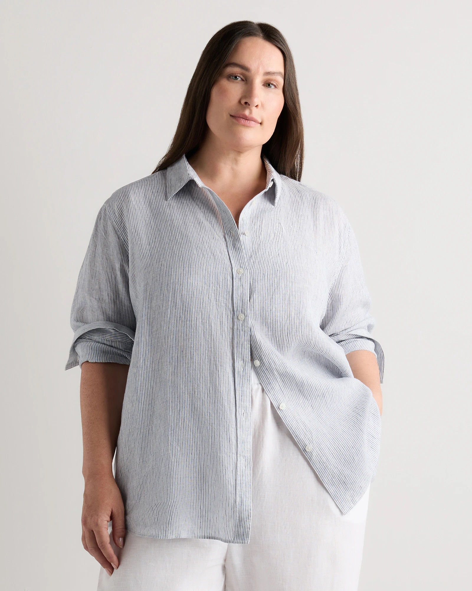 Quince | Women's 100% European Linen Long Sleeve Shirt in Chambray Stripe, Size 1X | Quince