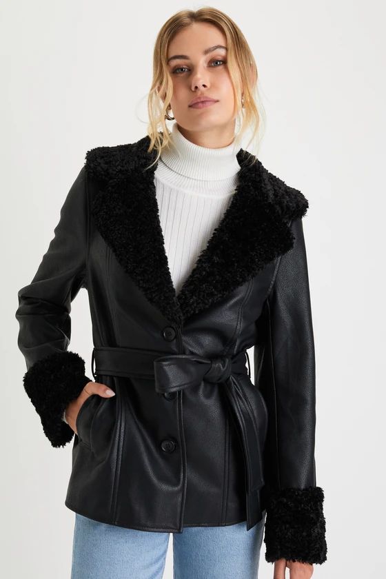 Trendsetting Muse Black Vegan Leather Faux Fur Belted Jacket | Lulus (US)