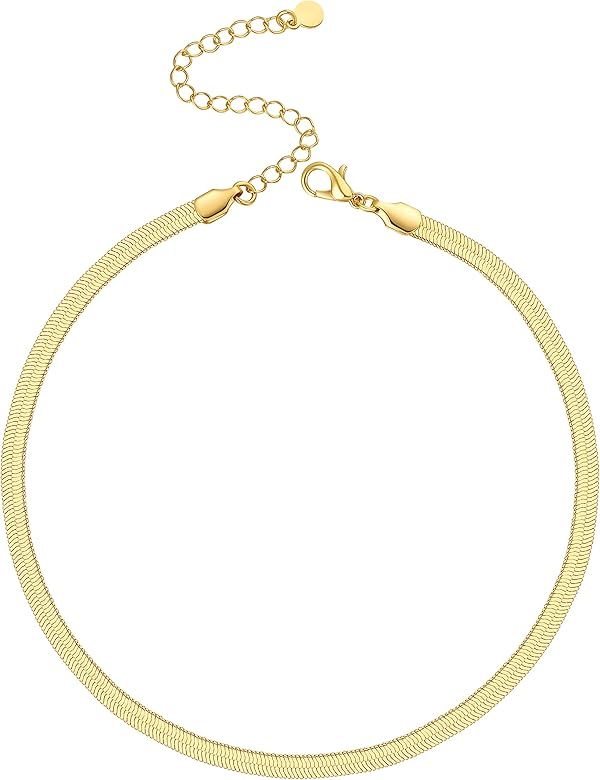 Amazon.com: Gold Choker Necklace for Women Girls Thick 5MM Flat Gold Snake Chain Trendy Herringbo... | Amazon (US)
