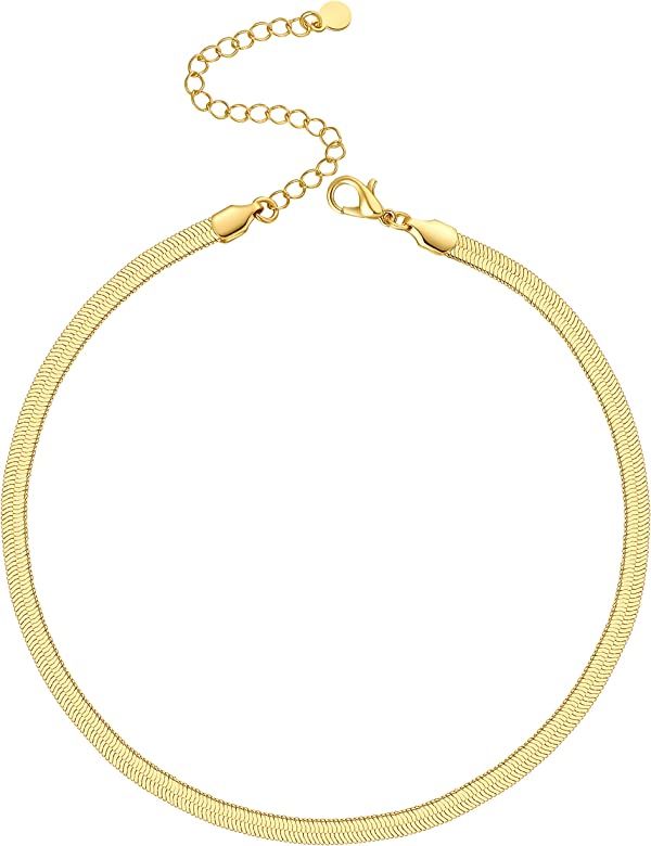 Amazon.com: Gold Choker Necklace for Women Girls Thick 5MM Flat Gold Snake Chain Trendy Herringbo... | Amazon (US)