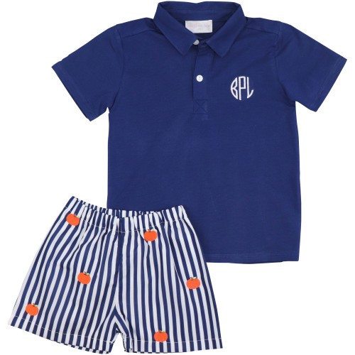 Navy Stripe Embroidered Pumpkin Polo Short Set | Cecil and Lou