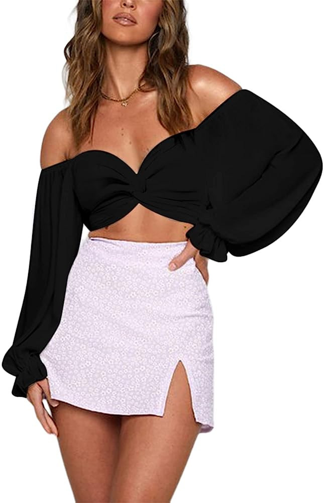 Avanova Women's Ruffle Long Sleeve Off Shoulder Tie Up Back Crop Top Blouse | Amazon (US)