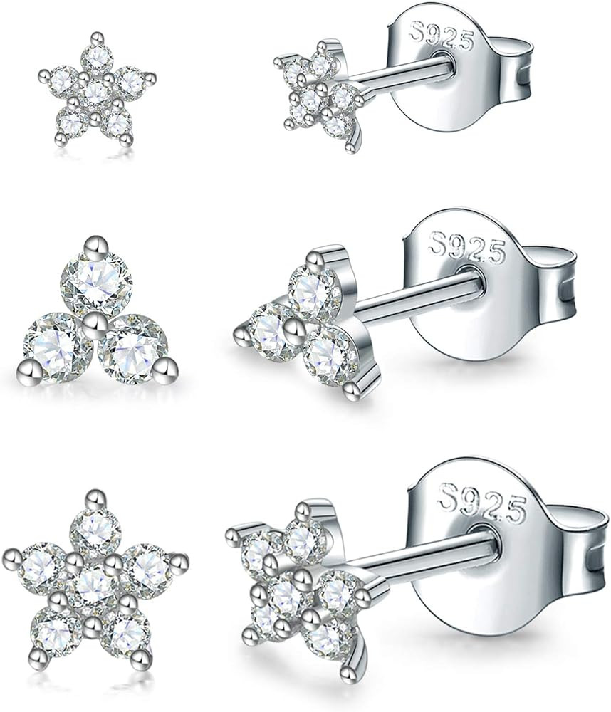 Sterling Silver Stud Earrings for Women Men, Flower Cubic Zirconia Stud Earrings Set | Small Cart... | Amazon (US)
