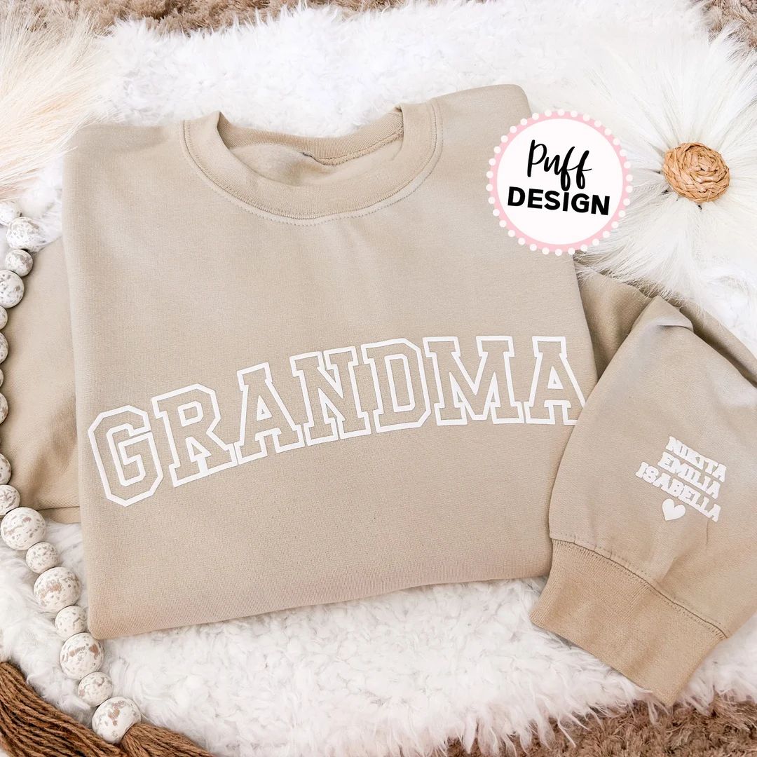 Embossed Grandma UNISEX Sweatshirt Puff Vinyl Nana Sweater With Grandkids Names on Sleeve 3D Puff... | Etsy (US)