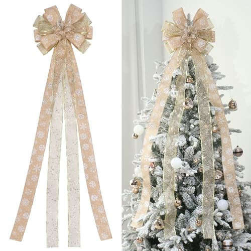 YINGQIWISH Christmas Tree Topper, Bow Large Christmas Bow Tree Topper, for Xmas Ornament Holiday Home Wedding Thanksgiving Indoor/Outdoor Decoration (Gold) | Amazon (US)