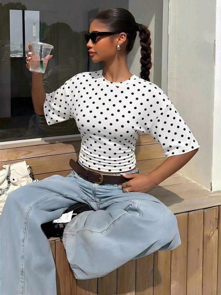 Muchica Women's White With Black Polka Dots Vintage T-Shirt,Chic Retro Y2K Style Summer Top For Summmer Brunch,Sweet Soft Girl Cute Casual Minimalist Tee | SHEIN