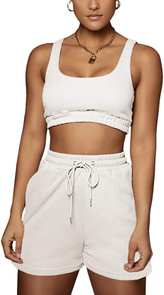Womens Sexy 2 Piece Outfits Sets Sleeveless Tank Crop Tops High Waisted Drawstring Shorts Active ... | Amazon (US)