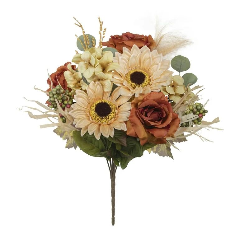 18-inch Artificial Silk Cream & Rust Sunflower & Rose Mixed Fall Bouquet, for Indoor Use, by Main... | Walmart (US)