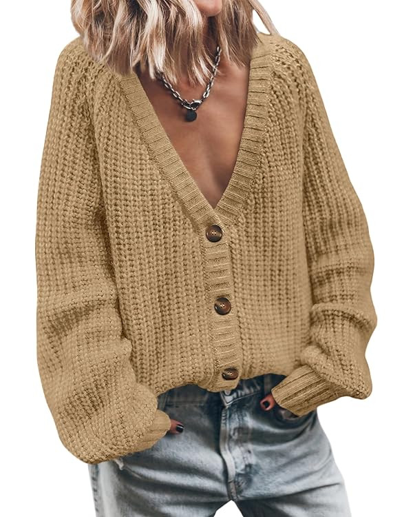 LILLUSORY Women's Chunky Cropped Oversized Cardigan Sweater V Neck Knit Cute Fall Casual Fashion ... | Amazon (US)