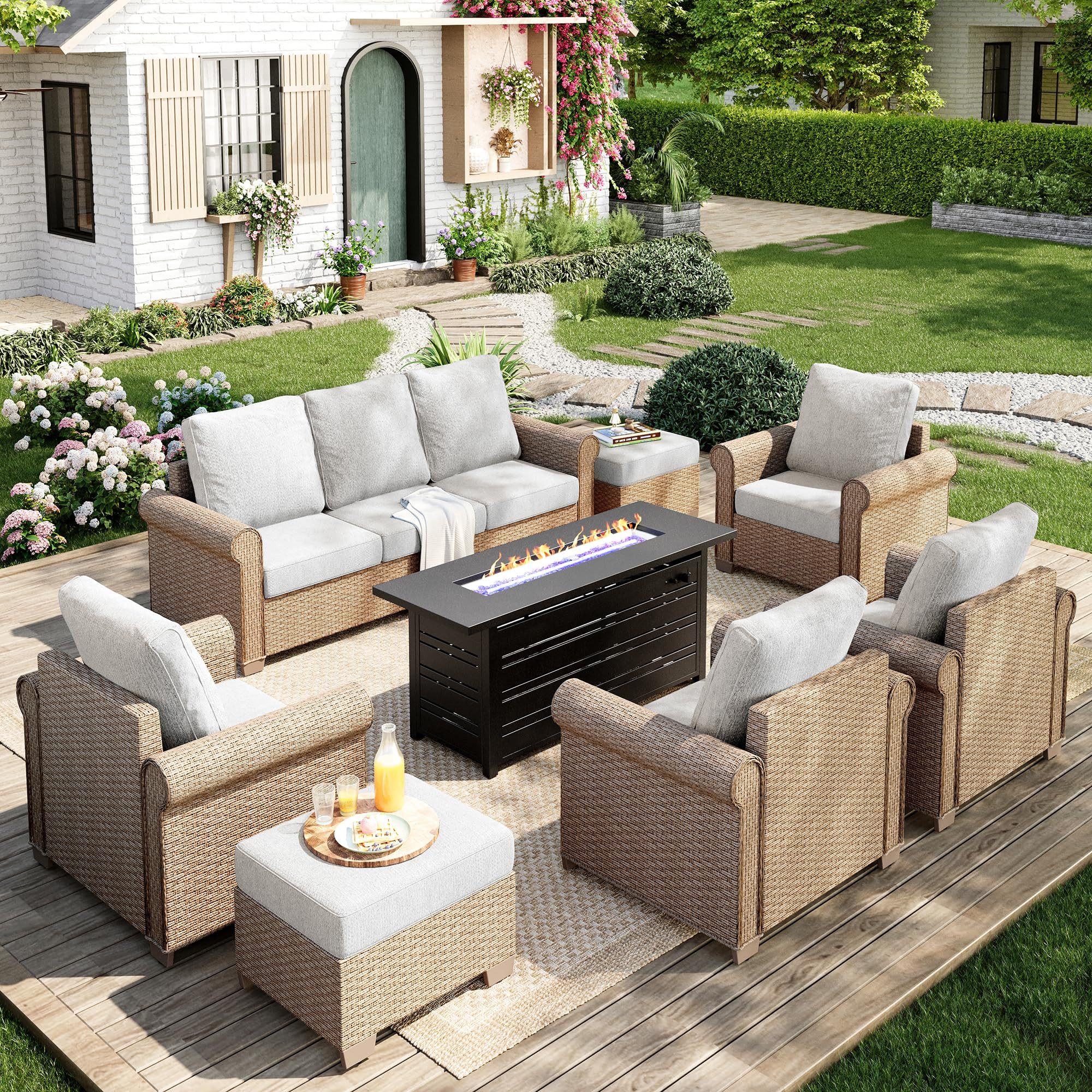 Patio Furniture Set 8 pcs, Wicker Outdoor Patio Furniture, 3-Seat Sofa, 4 Single Chairs, 2 Ottoma... | Amazon (US)