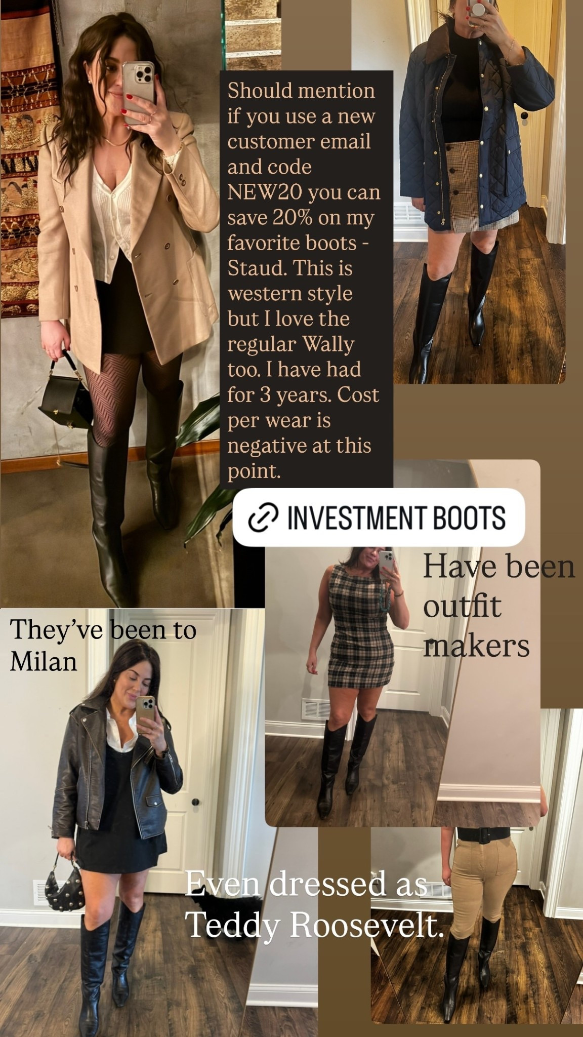 Should mention if you use a new customer email and code NEW20 you can save 20% on my favorite boots - Staud. This is western style but I love the regular Wally too. I have had for 3 years. Cost per wear is negative at this point.  Even dressed as Teddy Roosevelt. They’ve been to Milan Have been outfit makers

#LTKSeasonal #LTKShoeCrush
