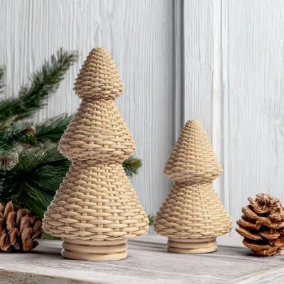 Handmade Resin Rattan-Style Christmas Tree Figurines & Tabletop Decorations For Mantel, Desk, Or Holiday Centerpiece, Set Of 2 Brown Natural Woven Tre | Wayfair North America