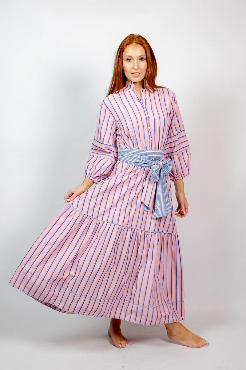 SUE SARTOR Flounce Maxi | Oxford Blue/Pink Stripe | SUE SARTOR
