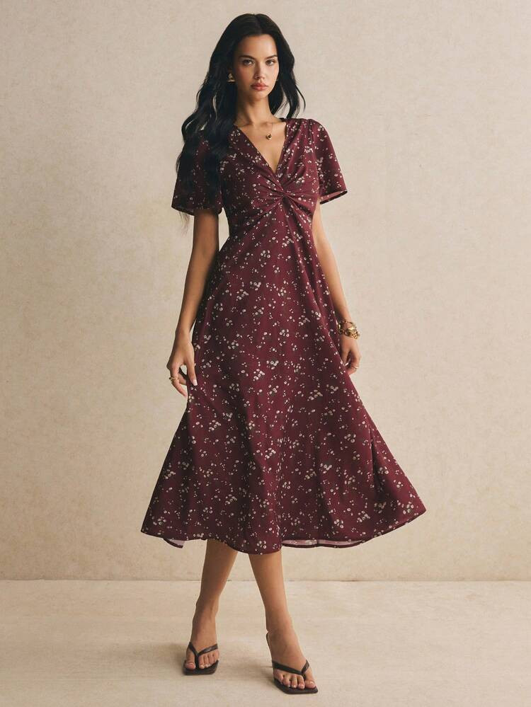 Poéselle Women's V-Neck Floral Print Pleated Casual Party Long Dress | SHEIN