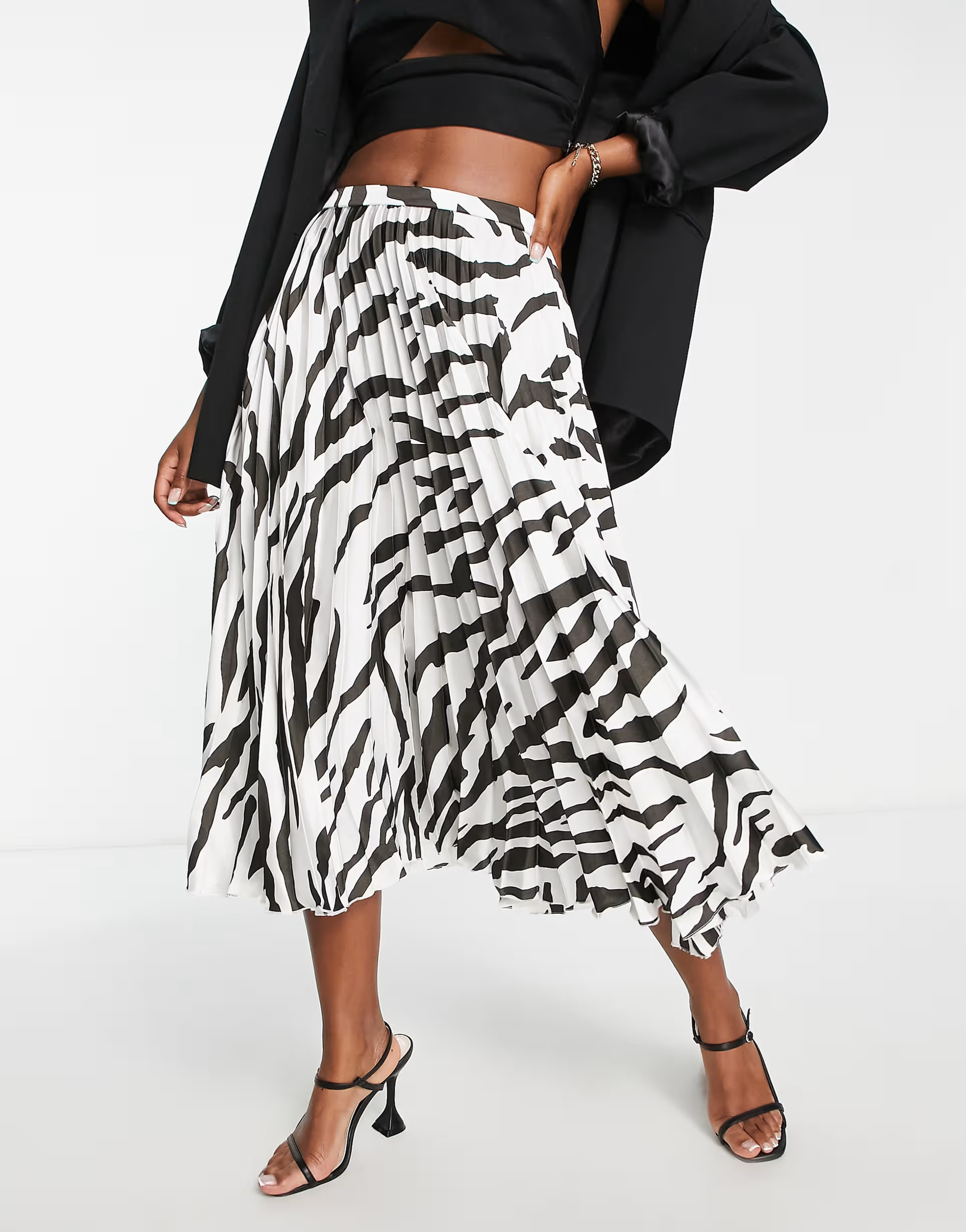 ASOS DESIGN satin pleated midi skirt in mono zebra print | ASOS (Global)