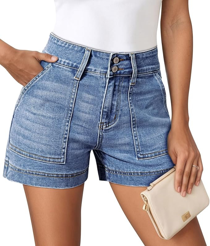 Pink Queen Women's High Waisted Denim Shorts 2026 Casual Summer Hot Short Jeans Vintage Patch Poc... | Amazon (US)