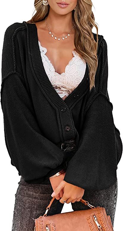 KIRUNDO 2023 Fall Winter Women's Lantern Sleeve V Neck Button Down Cardigan Open Front Oversized ... | Amazon (US)