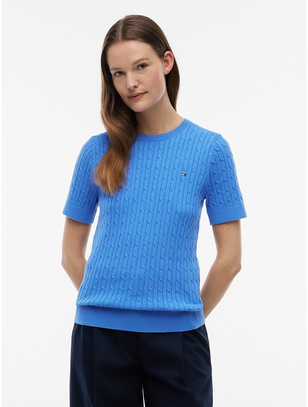 Tommy Hilfiger Women's Short-Sleeve Cable Knit Sweater - Siren Blue - M | Tommy Hilfiger (US)