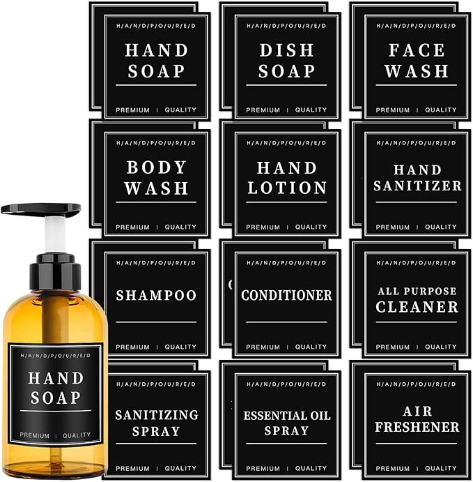 24PCS Waterproof Labels for Glass or Plastic Bottles, Bathroom Hand Soap Shampoo Dispenser Label ... | Amazon (US)
