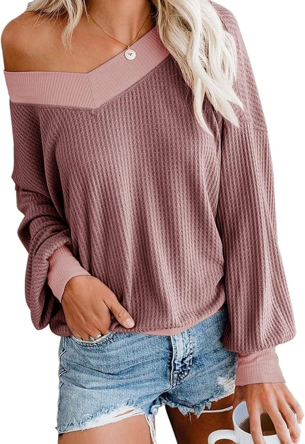 Adreamly Women's V Neck Long Sleeve Waffle Knit Top Off Shoulder Oversized Pullover Sweater | Amazon (US)