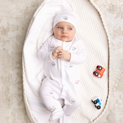 Vehicle Embroidered Cotton Romper w/Hat | Feltman Brothers