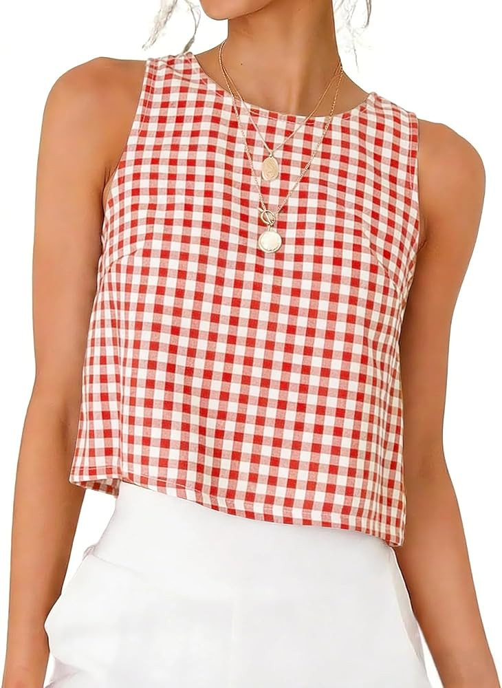 IDEALSANXUN Womens Gingham Crop Tank Tops 2026 Spring Summer Sleeveless Vest Top | Amazon (US)