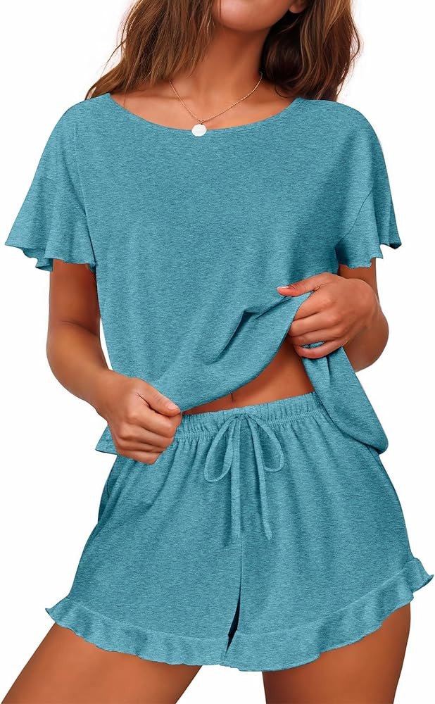 Ekouaer Women's Pajama Set Ruffle Sleeves Top and Short Soft 2 Piece Loungewear Set | Amazon (US)