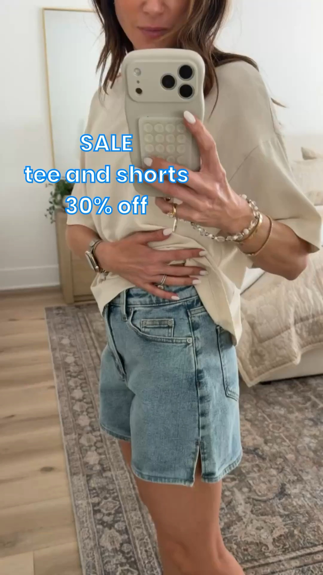 Pistola inspired denim shorts and tee from Target on sale, both 30% off, I'm wearing size 2 in shorts.

casual summer outfit, denim shorts outfit, everyday basics, neutral outfit, comfy chic style, effortless outfit, oversized tee outfit, casual mom style, weekend outfit, spring summer look

#LTKootd #LTKSaleAlert