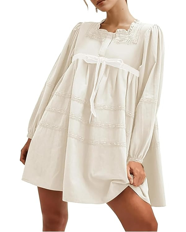 Womens Pleated Mini Dress Tie Knot Ruffle Long Sleeve Pullover Hollow Out Drawstring Patchwork Sw... | Amazon (US)