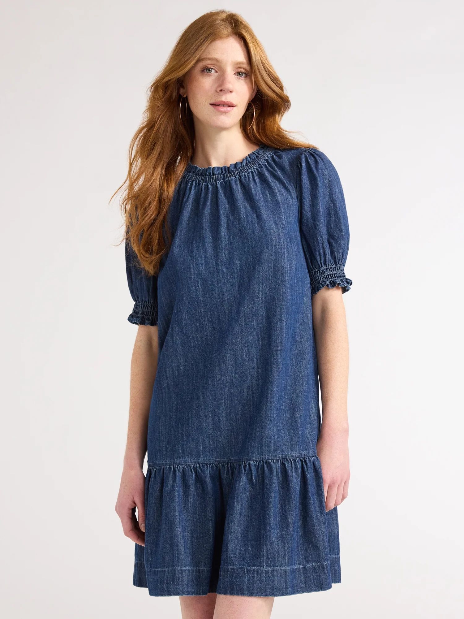 Free Assembly Women’s Denim Ruffle Mini Dress with Puff Sleeves, Sizes XS-XXL | Walmart (US)