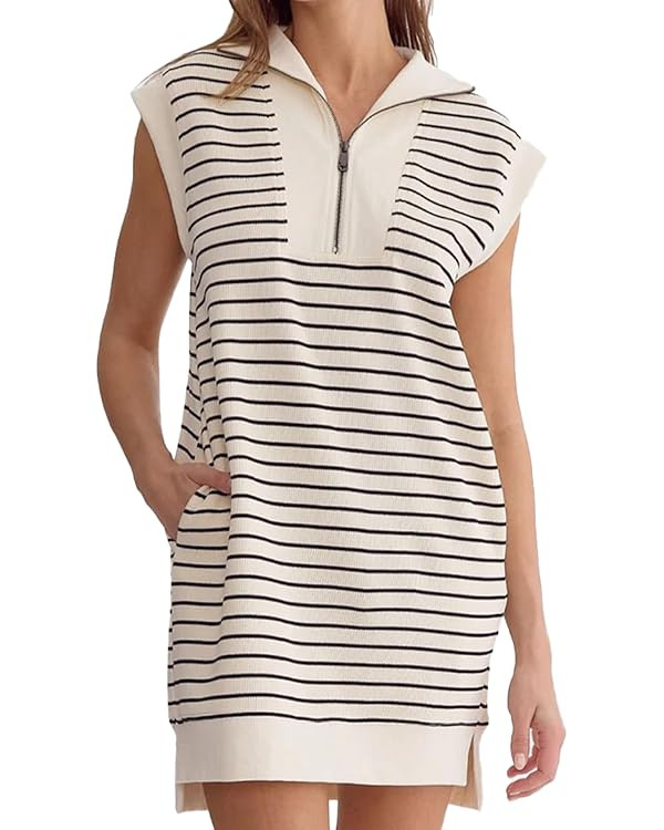 Women’s Casual Fall Dress V Neck Loose Cap Sleeve Knitted Striped Mini Dresses | Amazon (US)