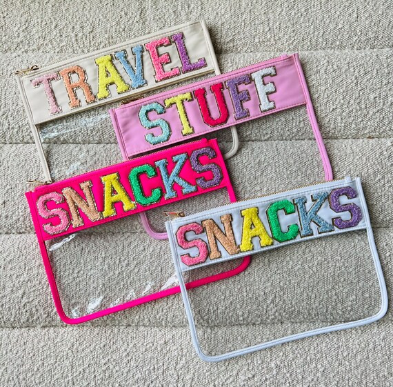 Clear pouch with patches, snacks bag, travel bag, clear bags, cosmetic bag, chenille letter bag, ... | Etsy (US)