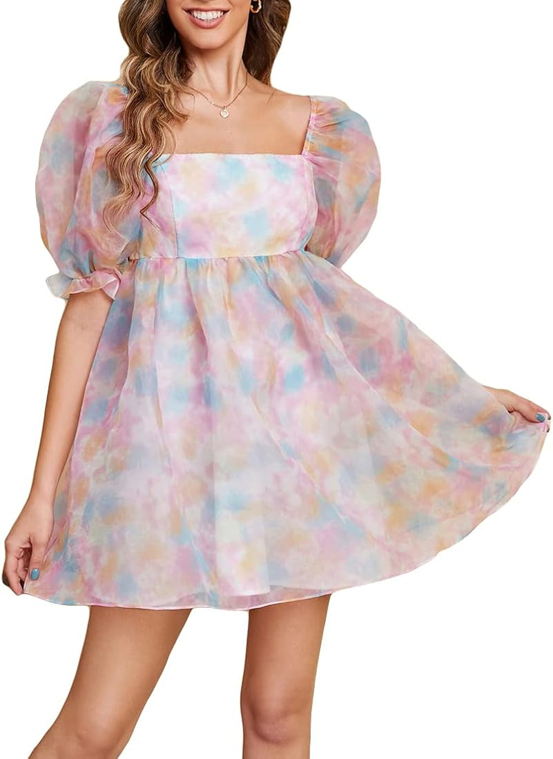 WDIRARA Women's Tie Dye Floral Print Square Neck Puff Sleeve High Rise Flare Organza Dress | Amazon (US)