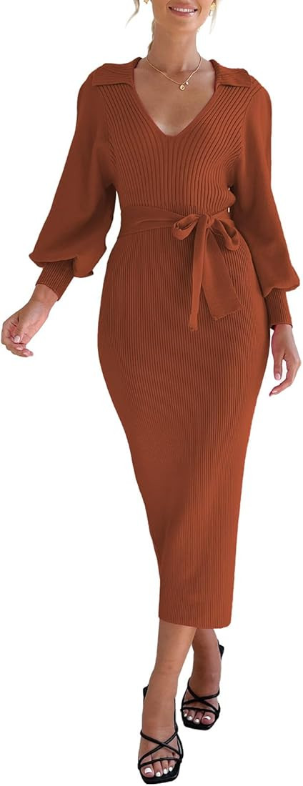 Meenew Women's Lantern Sleeve Long Sweater Dress Collared V Neck Tie Waist Knit Midi Sheath Dress | Amazon (US)