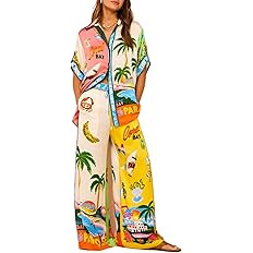 Women's Pajama Set Printed Lounge 2 Piece Outfits Soft Button Down Sleepwear Pants and Top | Amazon (US)