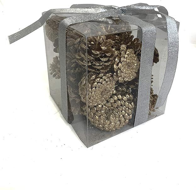 Party Explosions Painted Glitter Pine Cones in PVC Box with Silver Ribbon (Gold) | Amazon (US)