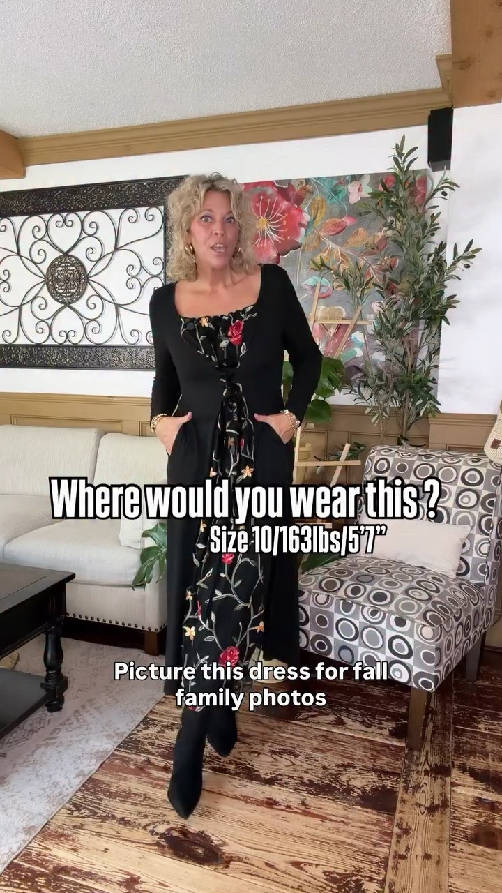 Fall family photos or maybe a renaissance fair- where would you wear this dress?? I’m 5’7”, 163lbs, 38c bust and the size 10 fits me perfectly. You’ll love the embroidery and lace up design.

#LTKSeasonal #LTKOver40 #LTKMidsize