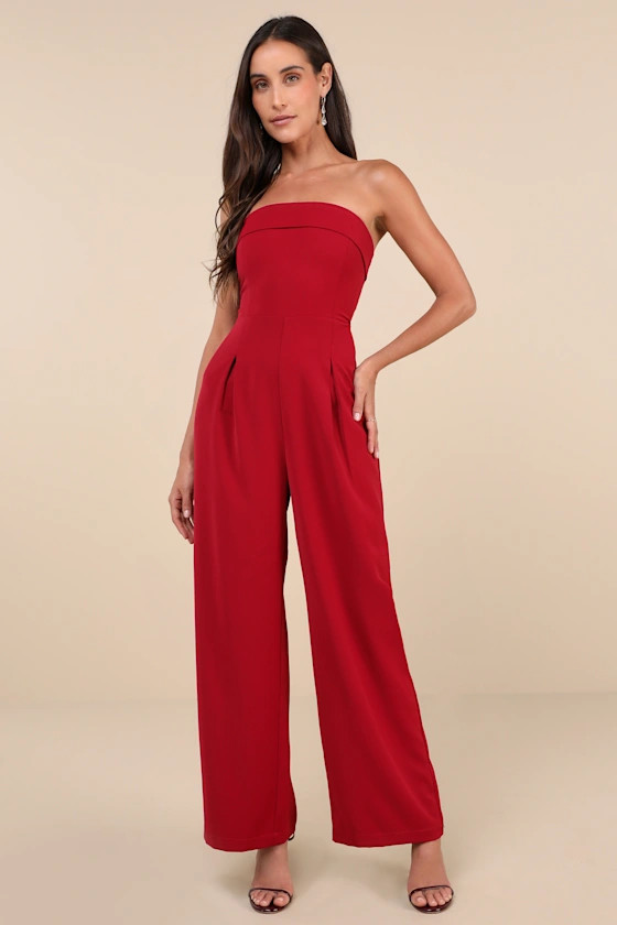 Upscale Silhouette Dark Red Twill Wide-Leg Strapless Jumpsuit | Lulus