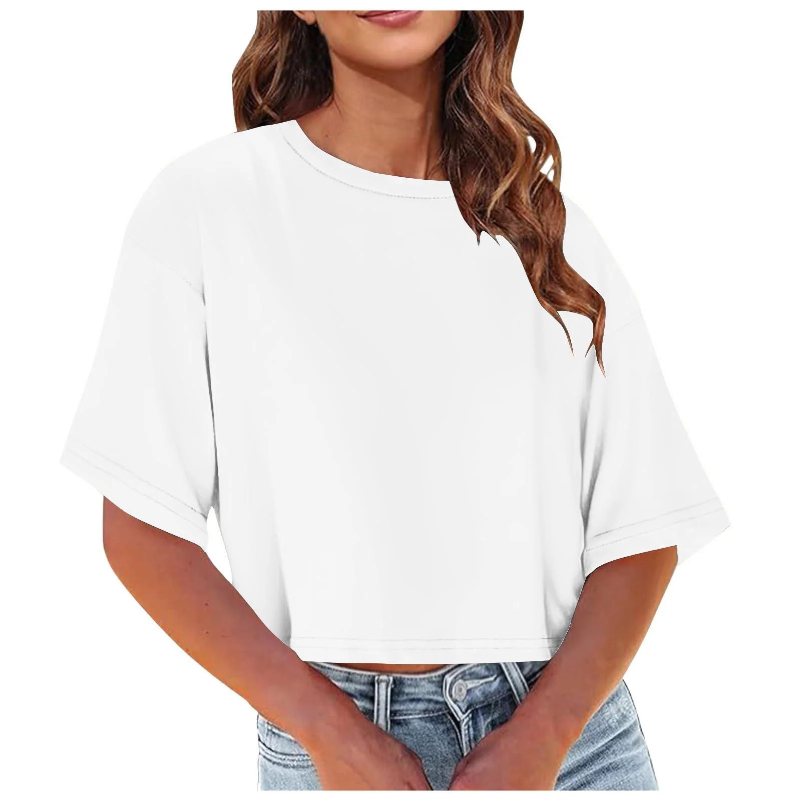 hotojiny Womens Crop Tops Oversized Workout Tshirts Lightweight Short Sleeve Tees Summer Solid Co... | Walmart (US)