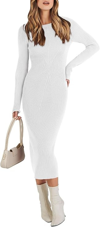 ANRABESS Women's 2023 Fall Long Sleeve Sweater Dress Crewneck Slim Fit Ribbed Knit Bodycon Midi D... | Amazon (US)